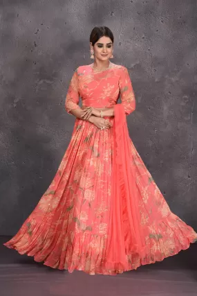 502821 Coral Floral Print Lehenga with Dupatta