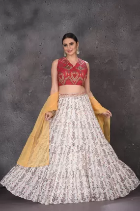 502846 White and Red Embroidered Printed Lehenga with Dupatta