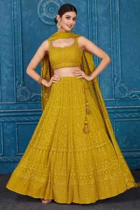 510087 Olive Green Embroidered Designer Georgette Lehenga with Dupatta