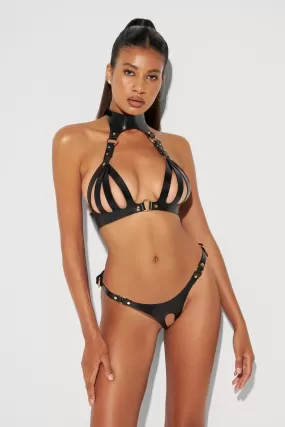 Ari Leather Bra & Crotchless Panties Set in Black