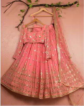 Attractive Salmon Colored Georgette Lehenga Choli For Wedding