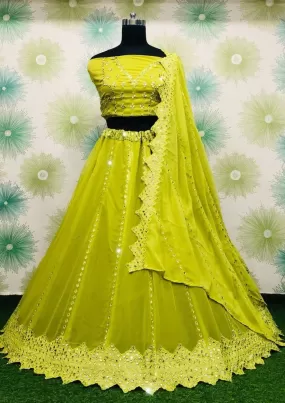 Beautiful Fluorescent Yellow Colored Georgette Embroidery Work Lehenga With Dupatta