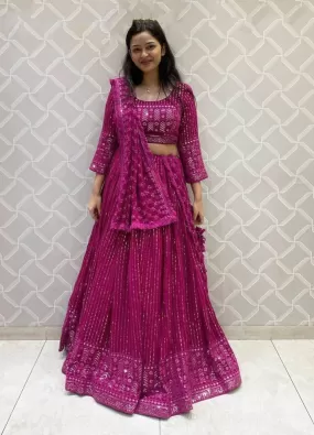 Beautiful Rani Pink Colored Multi Needle Work And Embroidery And Zari Work Lehenga Cholis For Women