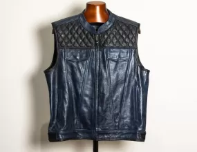 Blue Black Leather Vest, Motorcycle Vest Diamond Stitched | HandCrafted