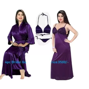 Bridal Long Silk Night Gown Set Honeymoon Nighty Purple Silk Nighty Set Loungewear for Women