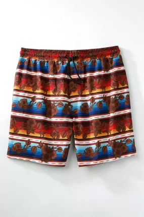 'Cinch' Men's Hawaiian Print Swim Trunks - Brown / Red / Blue