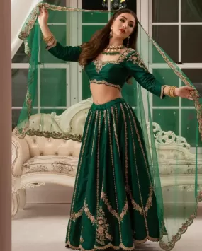 Dark Green Color Embroidery Attractive Party Wear Silk Lehenga Choli