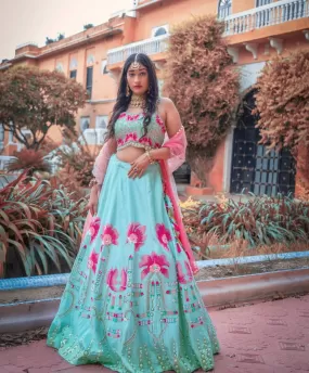 Dazzling Sky Blue Colored Malay Satin Silk Embroidery And Zari With Moti Hand Work Lehenga Choli