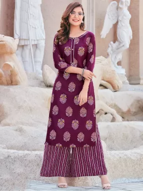 Designed Wine Rayon Printed Kurti With Palazzo Pant