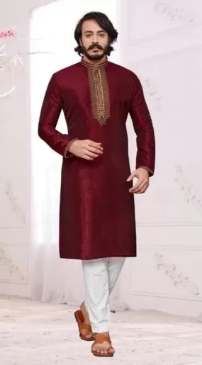 Men's Cotton Silk Regular Kurta Pajama Set - Dark Maroon