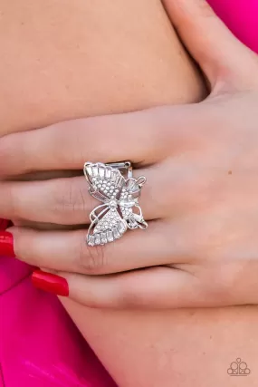 Paparazzi Fearless Flutter White Iridescent Butterfly Ring June 2022 Life of the Party