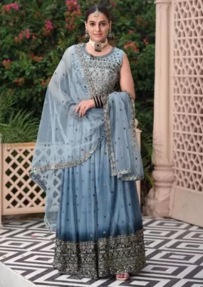 Pretty Blue Color Embroidered Party Wear Designer Lehenga Choli With Dupatta