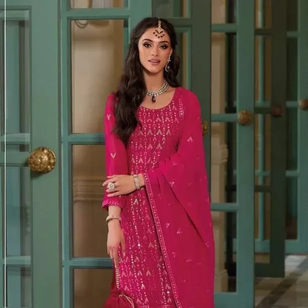 Rani Pink Color Georgette Party Wear Embroidered Readymade Designer Palazzo Suits