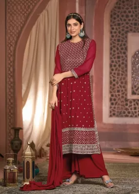 Red Georgette Embroidered Party-Wear Designer Palazzo Suits For Women