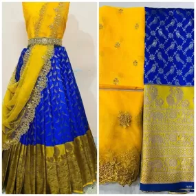 Semi Stitched Pure Kanjeevaram Yellow And Blue Silk With Zari Lehenga