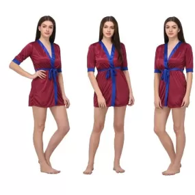 Silk Nightwear for Women Short Nightgown with Panty Set Silk Short Contrast Taping Night Robe Gown