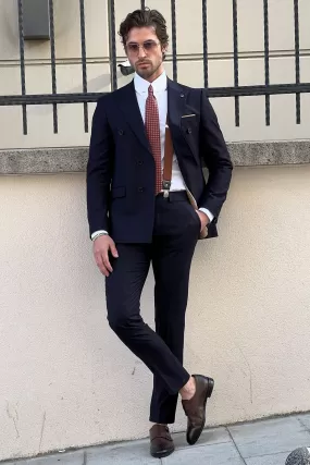 Slim-Fit Striped Double-Breasted Navy blue Wool Suit