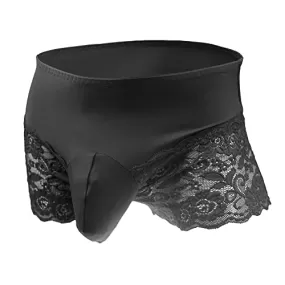 Walang Lip Men's Lace Briefs Sissy Pouch Underwear Breathable Stretch Panties Large Hip Wrap with Translucent Thighs (Black)