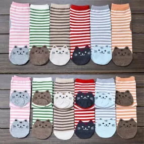 Women Girls Stripe Cute Cat Cotton Soft Pattern Crew Socks (6 Pairs)